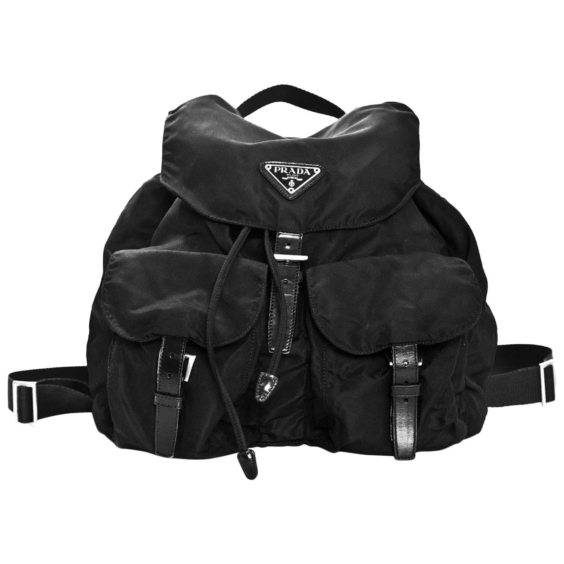 Prada Black Tessuto Nylon & Leather Trim Backpack Bag w/ Front Pockets