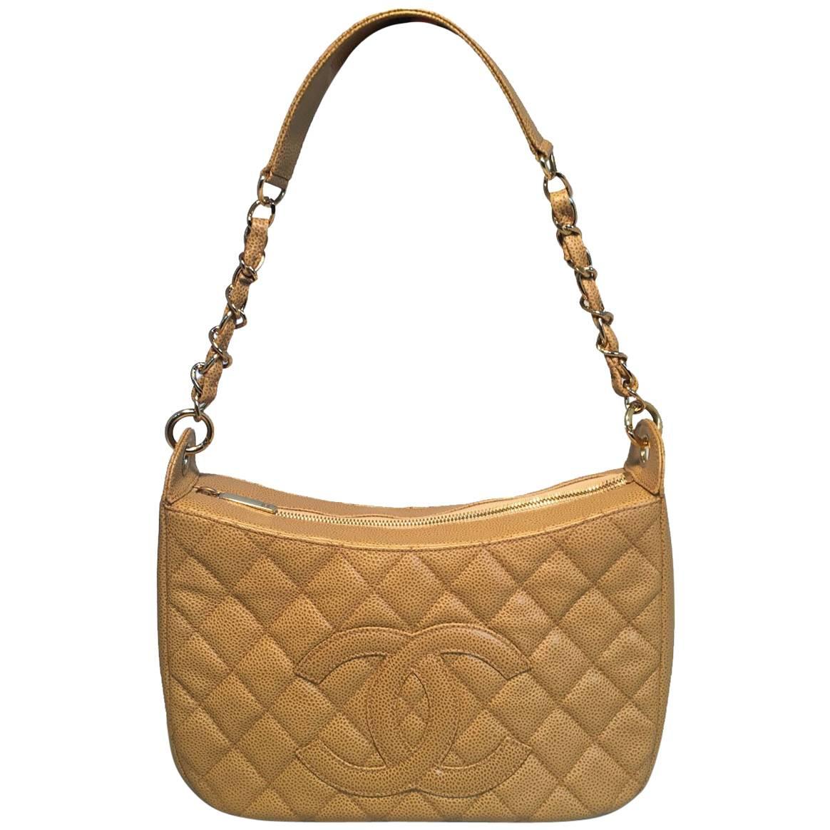 Chanel Tan Quilted Caviar Leather Shoulder Bag