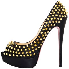 Christian Louboutin Black & Gold Lady Peep Spikes 150 Pumps Sz 38.5 10