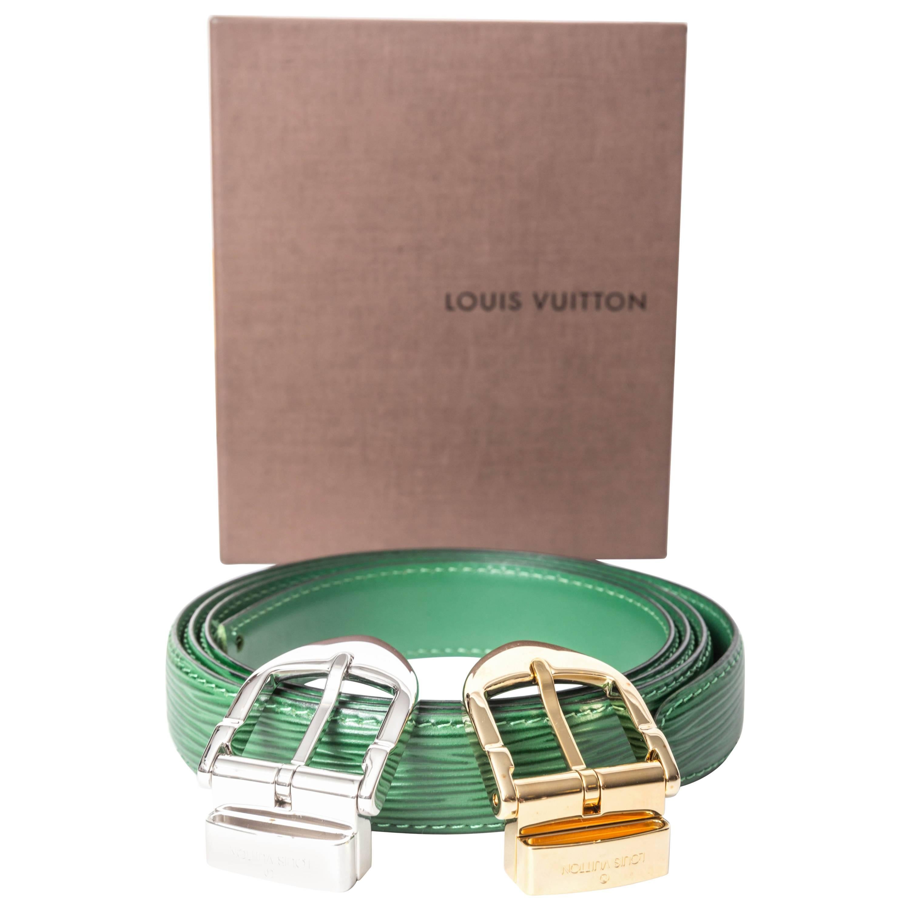 Louis Vuitton Green Epi Belt with Silver and Gold Buckles / New With Box - 44