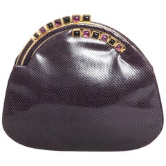 Vintage Judith Leiber Eggplant Snakeskin Clutch with Semiprecious Stones