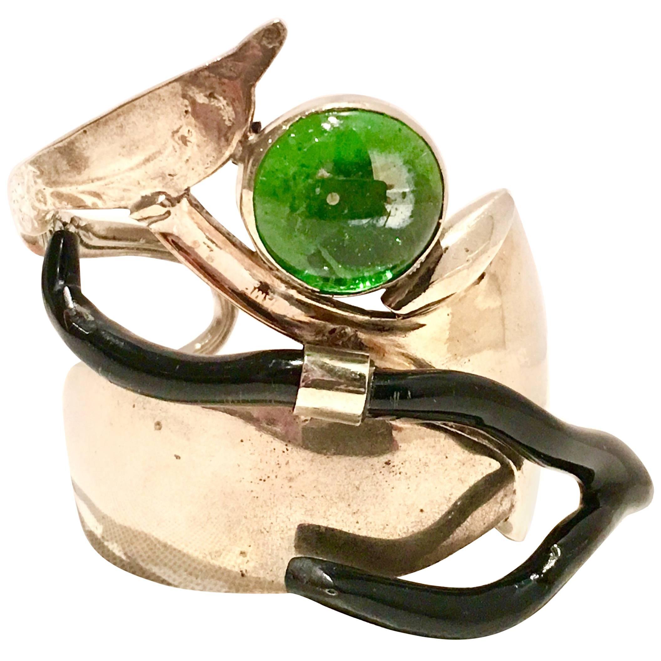 20th Century Silver Spoon Glass & Faux Coral Studio Cuff Bracelet