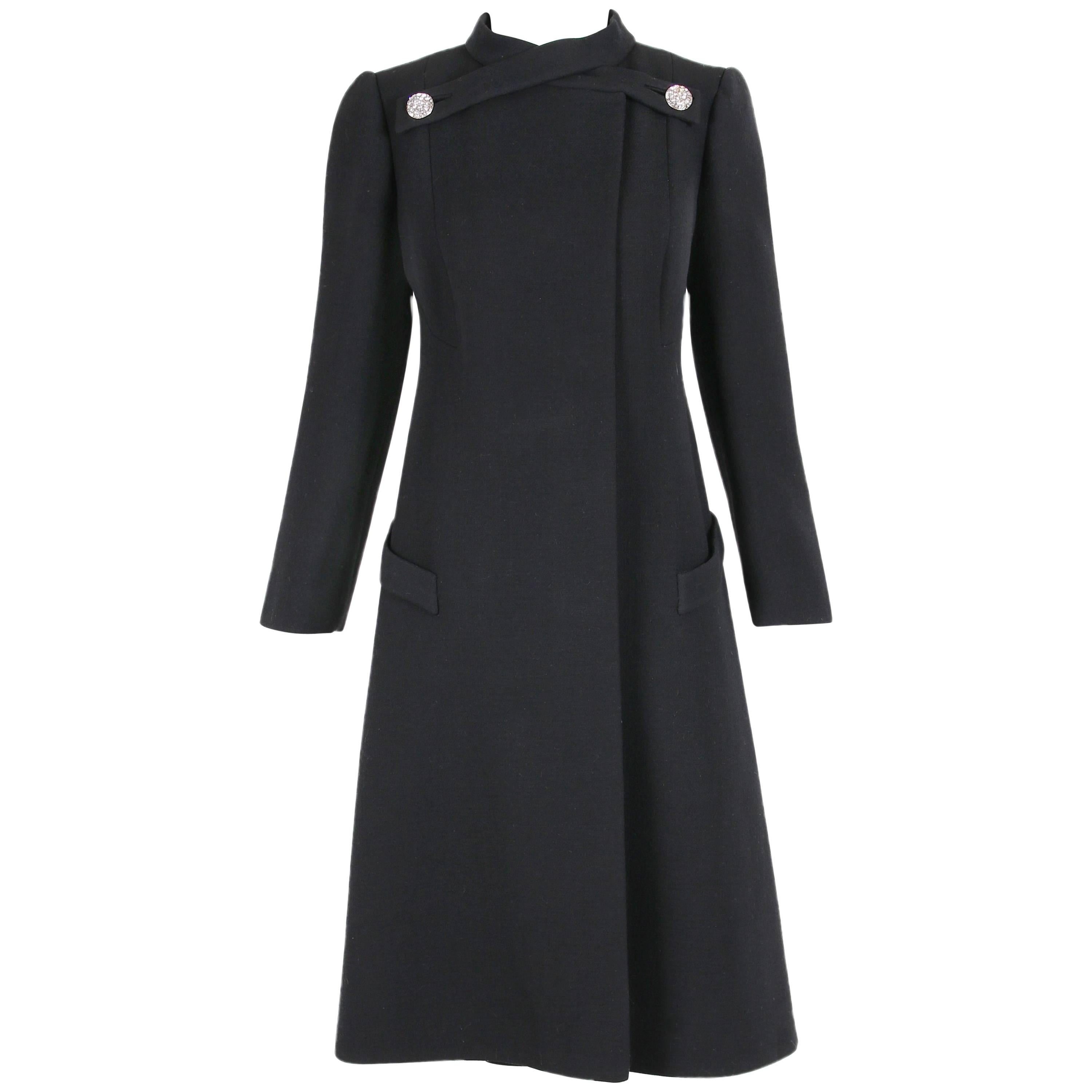 1970's Pauline Trigere Black Wool Coat w/Rhinestone Buttons For Sale