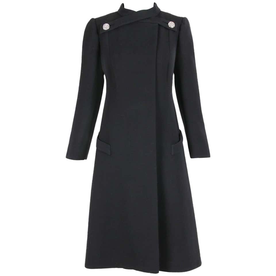 1970's Pauline Trigere Black Wool Coat w/Rhinestone Buttons For Sale at ...
