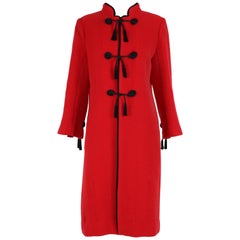 Chanel Red Wool Coat with Black Silk Cord and Tassel Ties, 1970s 