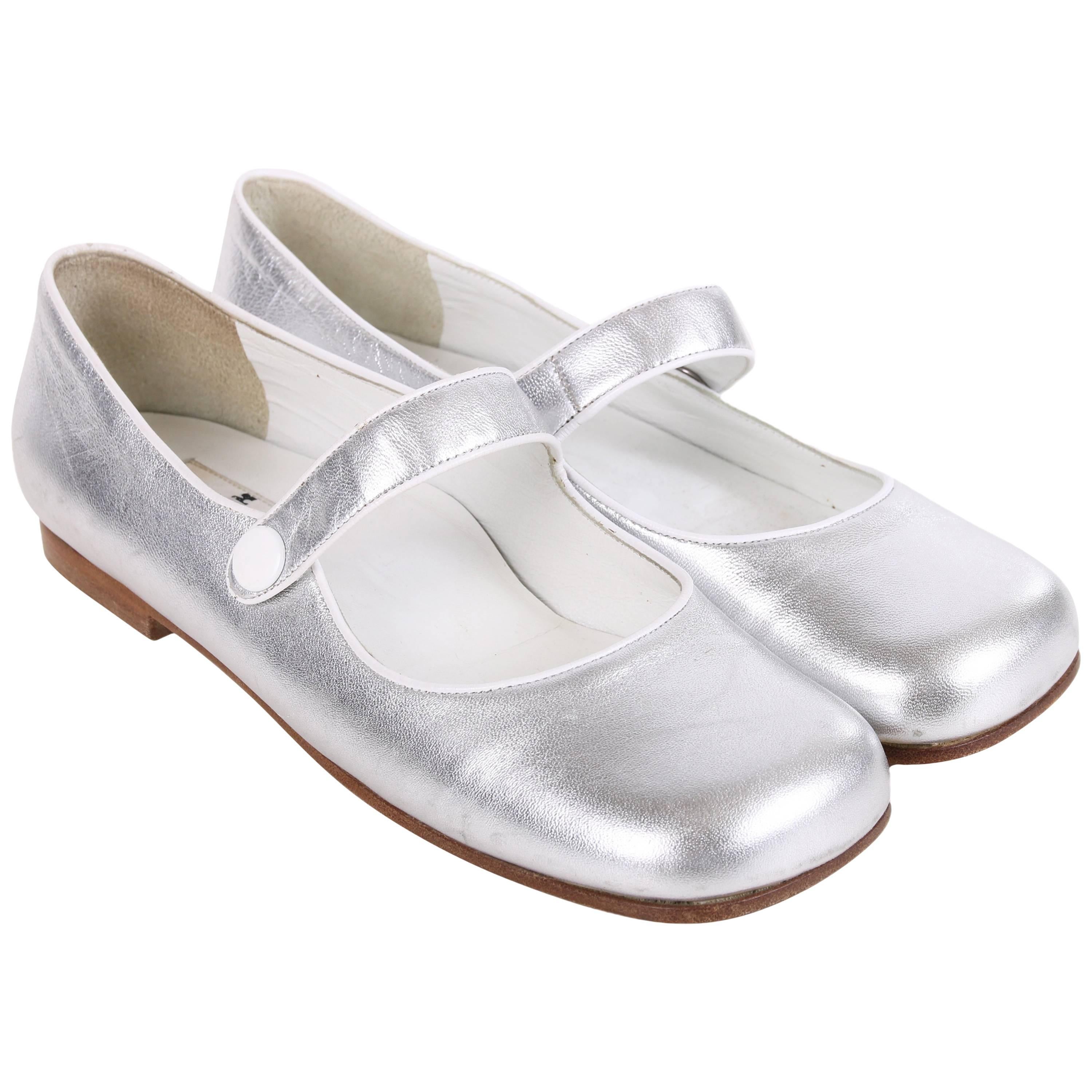 Courreges Metallic Silver Leather Mary Janes Shoes