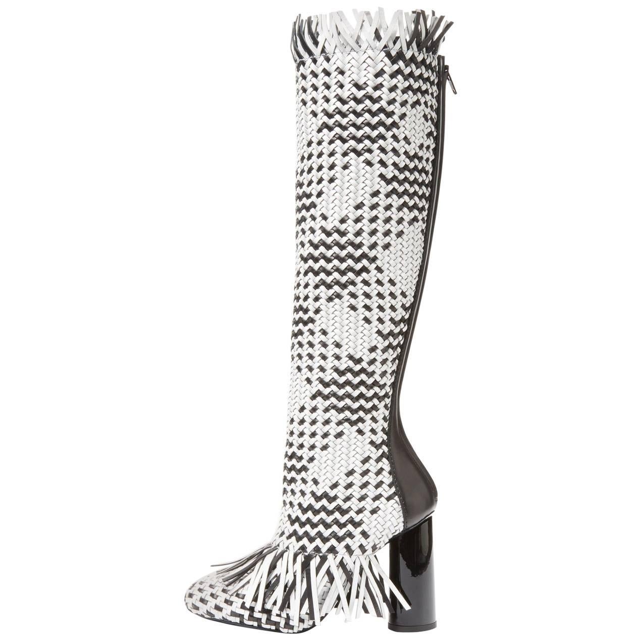 Proenza Schouler New Sold Out Black White Fringe Knee High Boots in Box