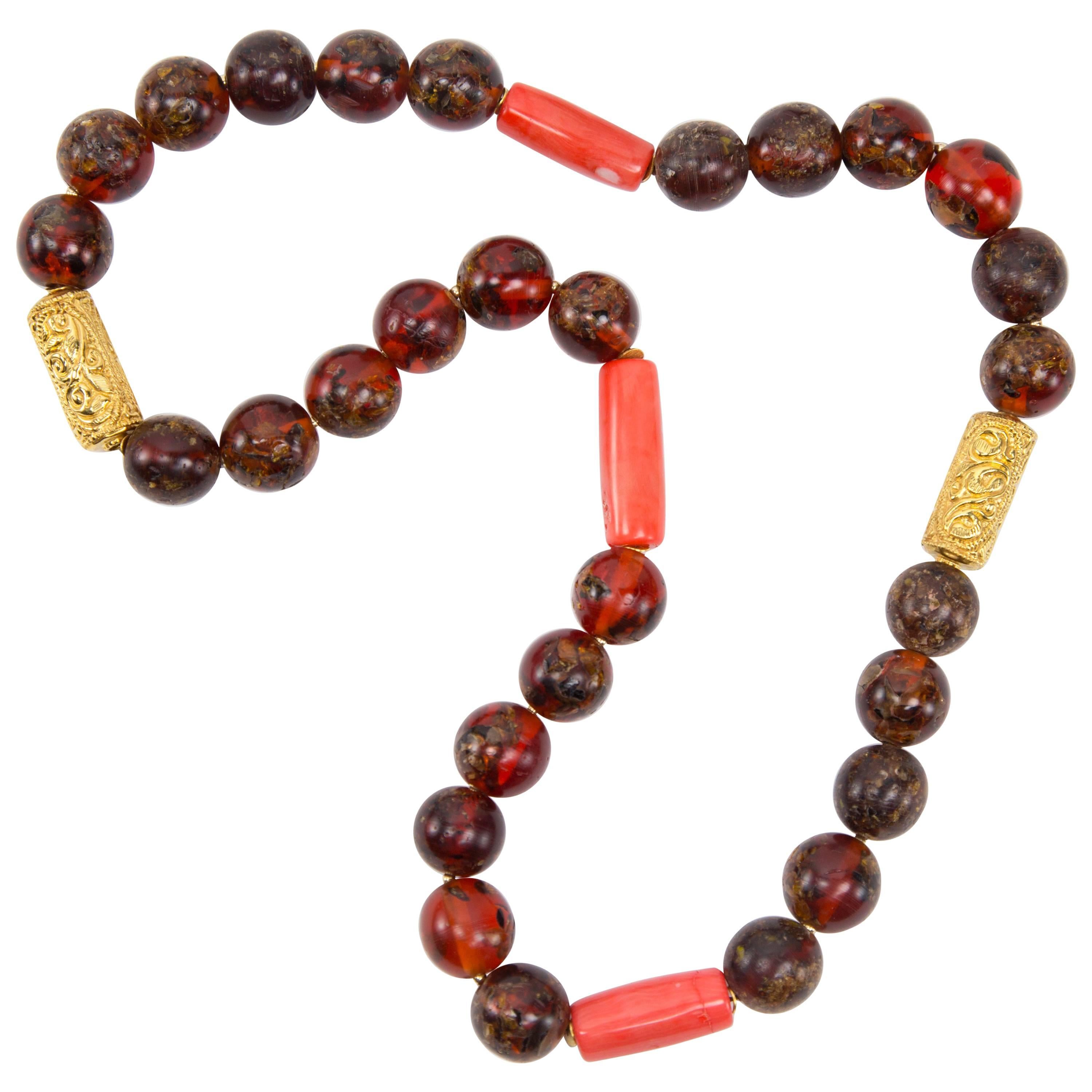 Antique Tibetan Natural Amber Coral and Gold Bead Necklace Estate Fine Jewelry