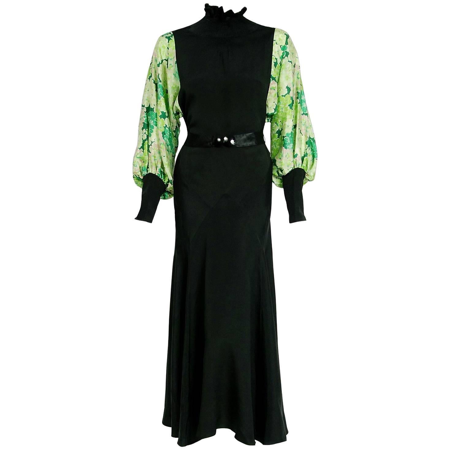 1930's French Black & Green Print Silk Billow Sleeve Smocked Bias-Cut Dress