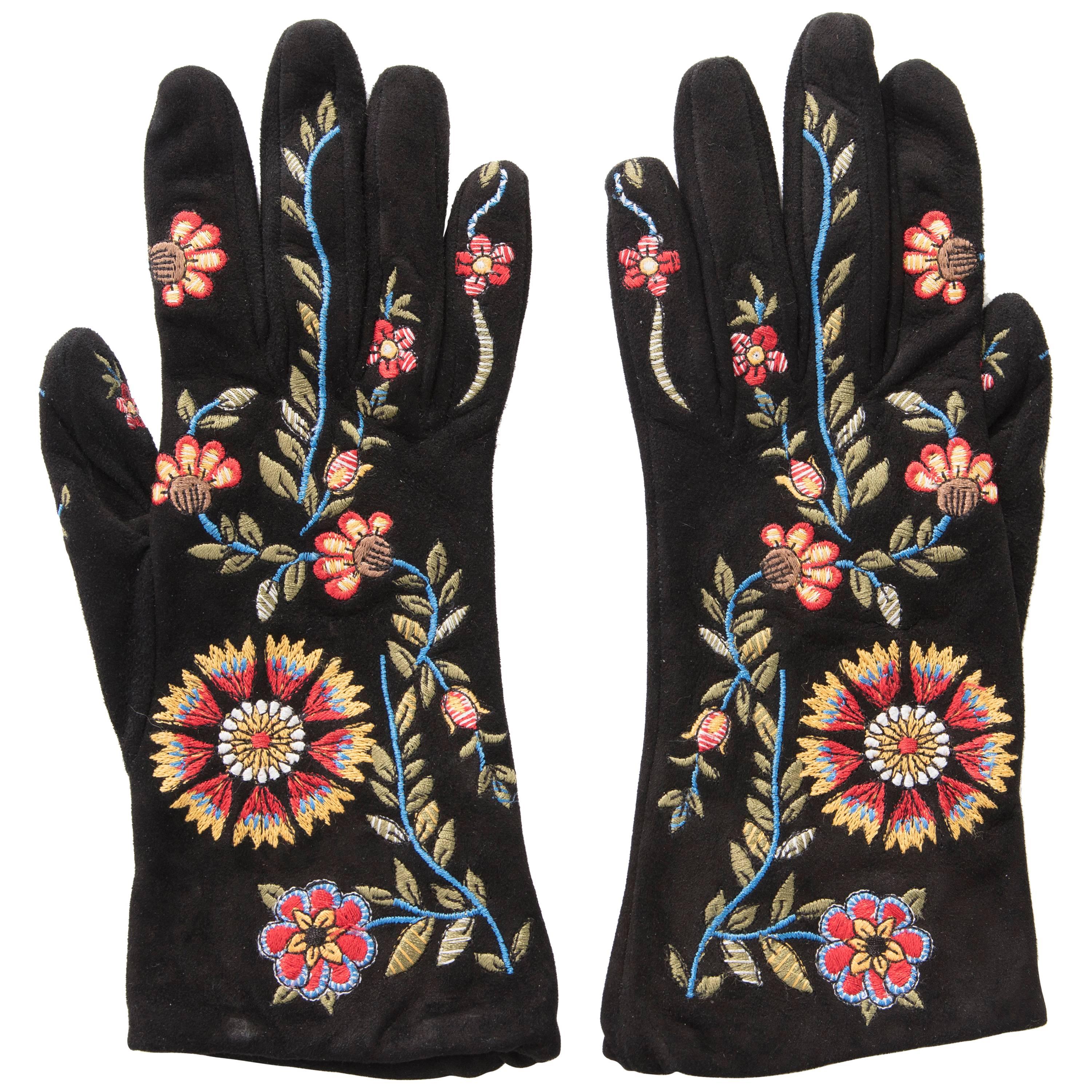 John Galliano For Christian Dior Black Suede Embroidered Gloves 