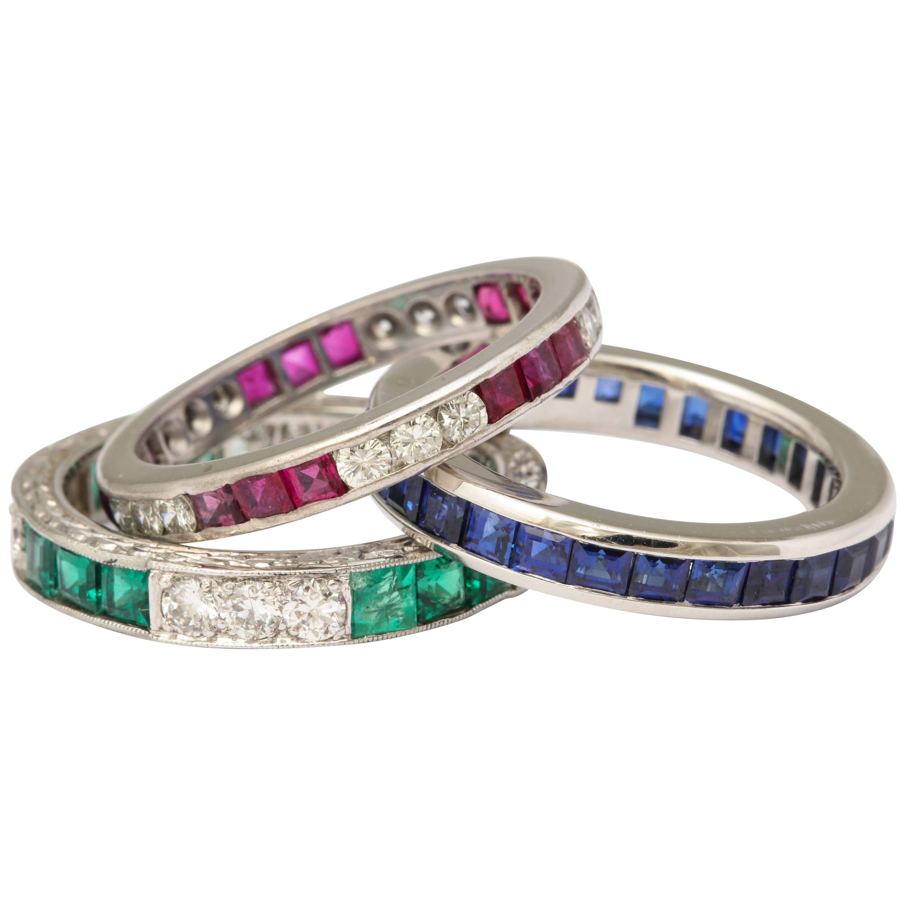 Wedding Bands of Diamonds, Sapphires, Rubies and Emeralds Set in Platinum