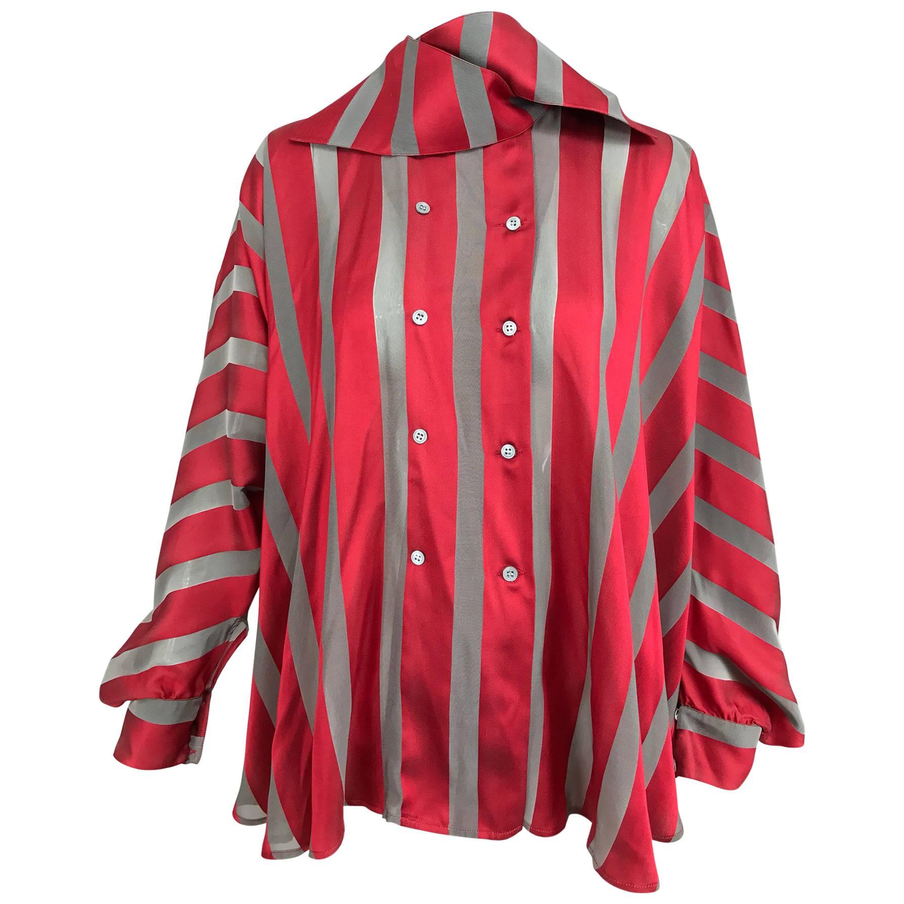 Gianfranco Ferre red and grey silk stripe unique sleeve swing blouse 1990s