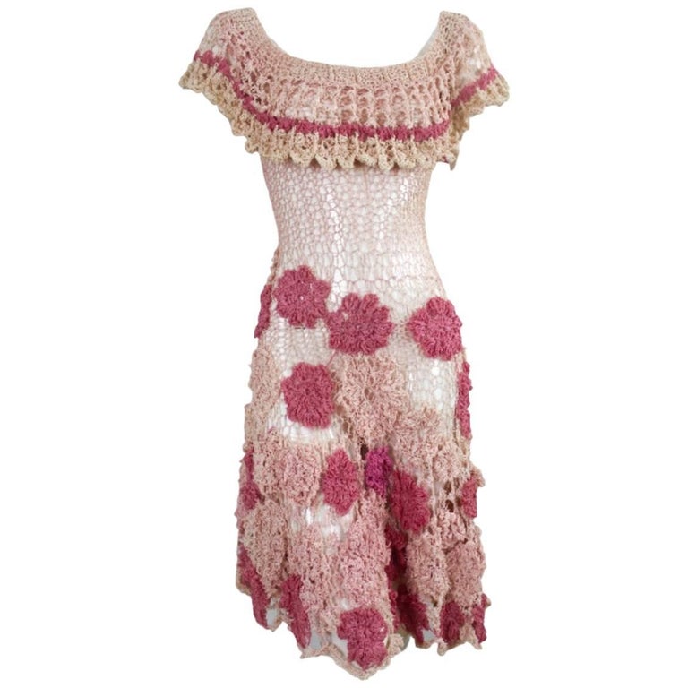 Vintage Hand Crochet Floral Rayon Dress For Sale at 1stdibs