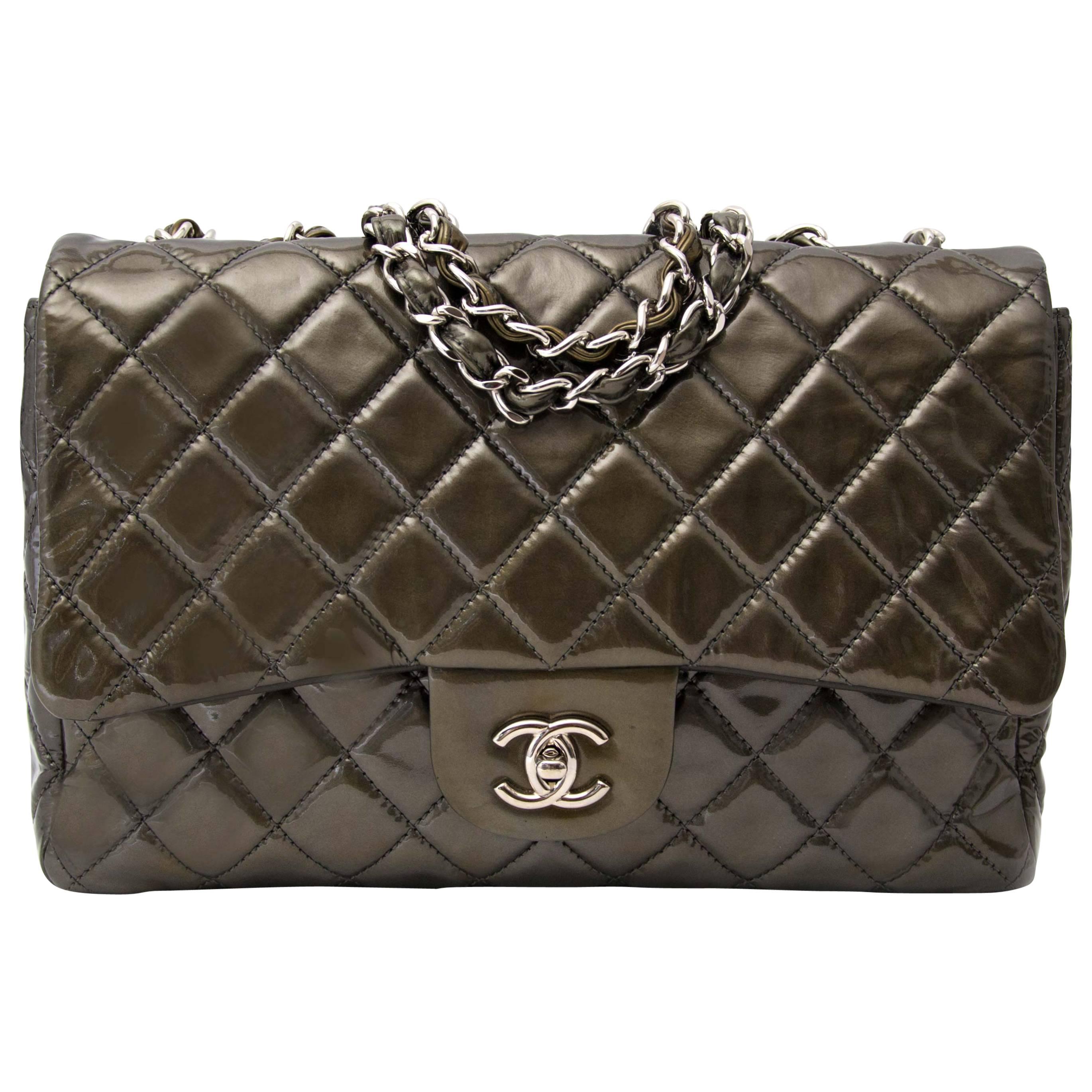 Chanel Patent Leather Olive Single Flap Bag 