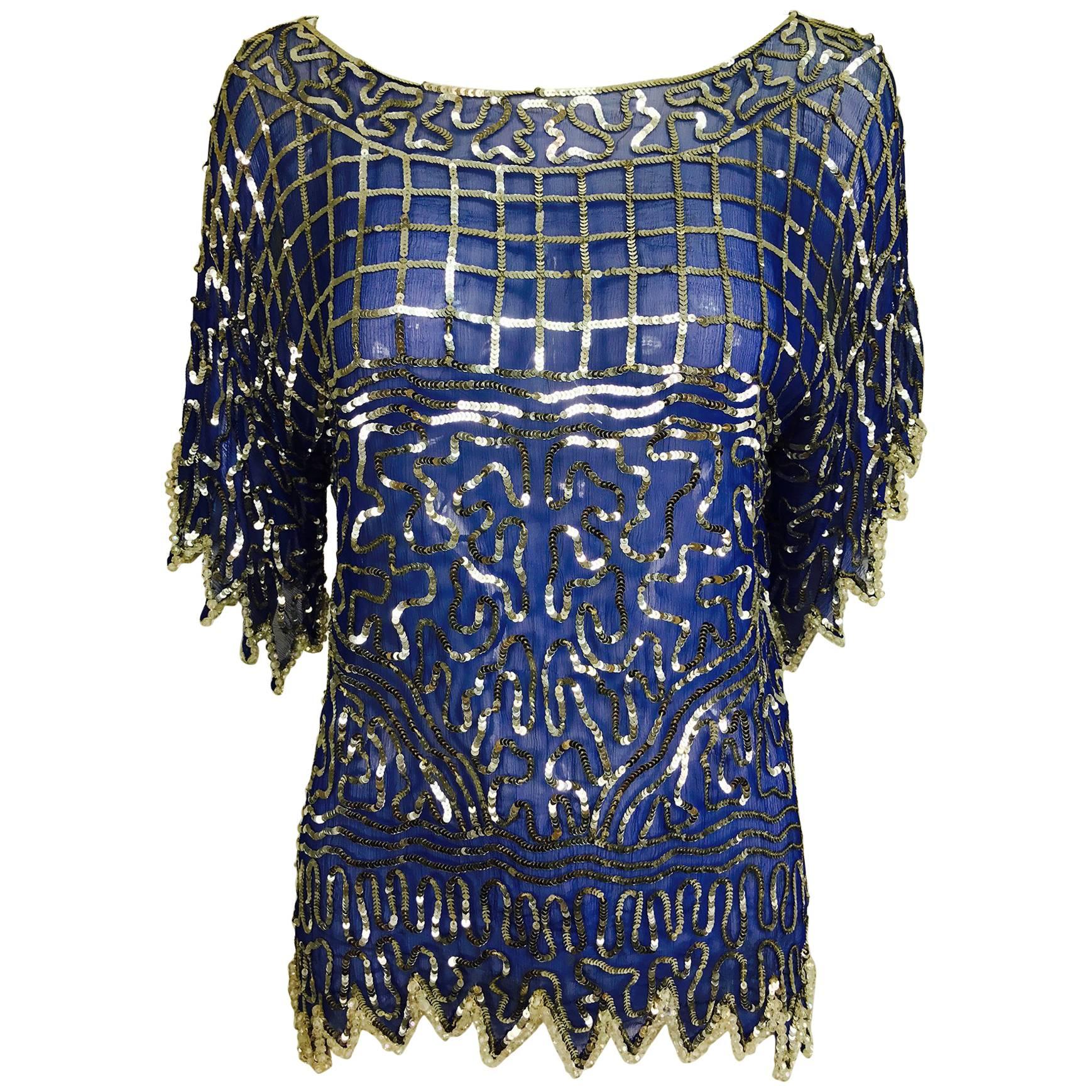 Swee lo blue silk silver sequin and beaded top 1970s