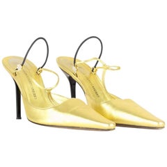 Vintage Giuseppe Zanotti 1990s Metallic Gold Leather Slingback Pumps With Rhinestones