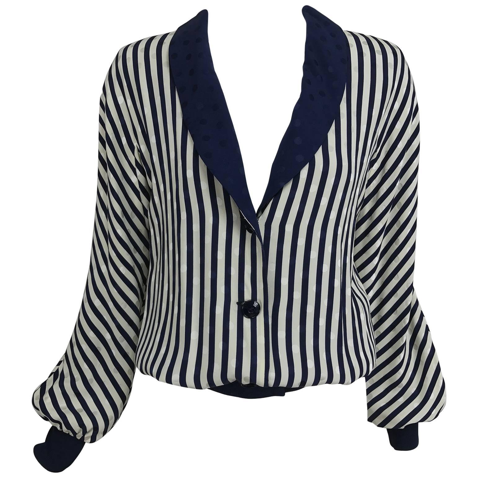 Valentino lightweight blue and white stripe figured silk bomber jacket 1990s