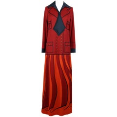 Retro Roberta di Camerino Red Orange Jersey Trompe l'Oeil Print Maxi Dress, 1970s 