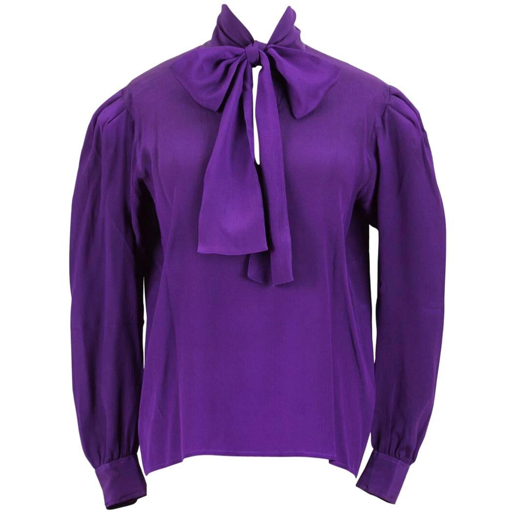Yves Saint Laurent YSL Purple Silk Bow Tie Blouse Gathered Shoulder, 1980s