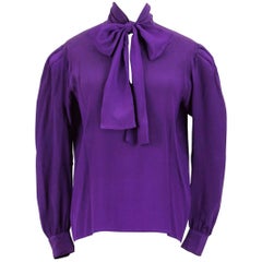 Vintage Yves Saint Laurent YSL Purple Silk Bow Tie Blouse Gathered Shoulder, 1980s