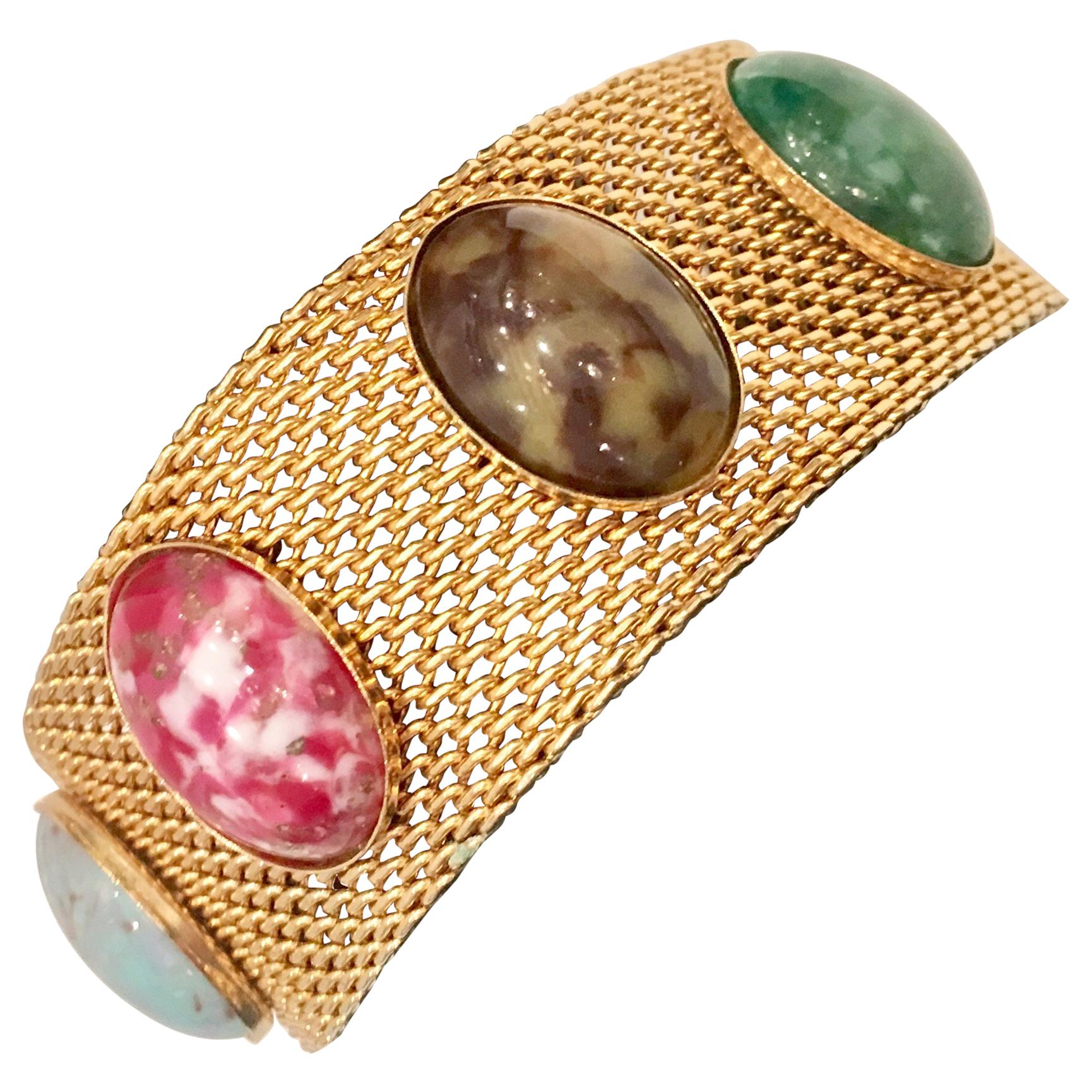 20th Century Gold Metal Mesh & Lucite Cabochon Stone Bracelet By, Coventry