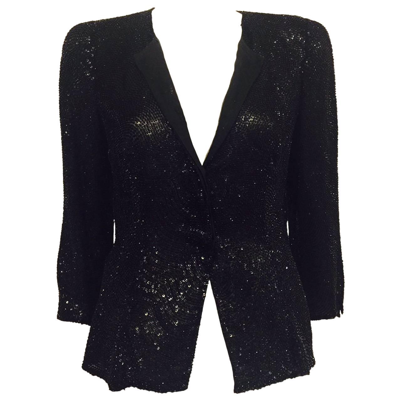 Astonishing Giorgio Armani Black Silk Embroidered Jacket W. Sequins & Beads For Sale