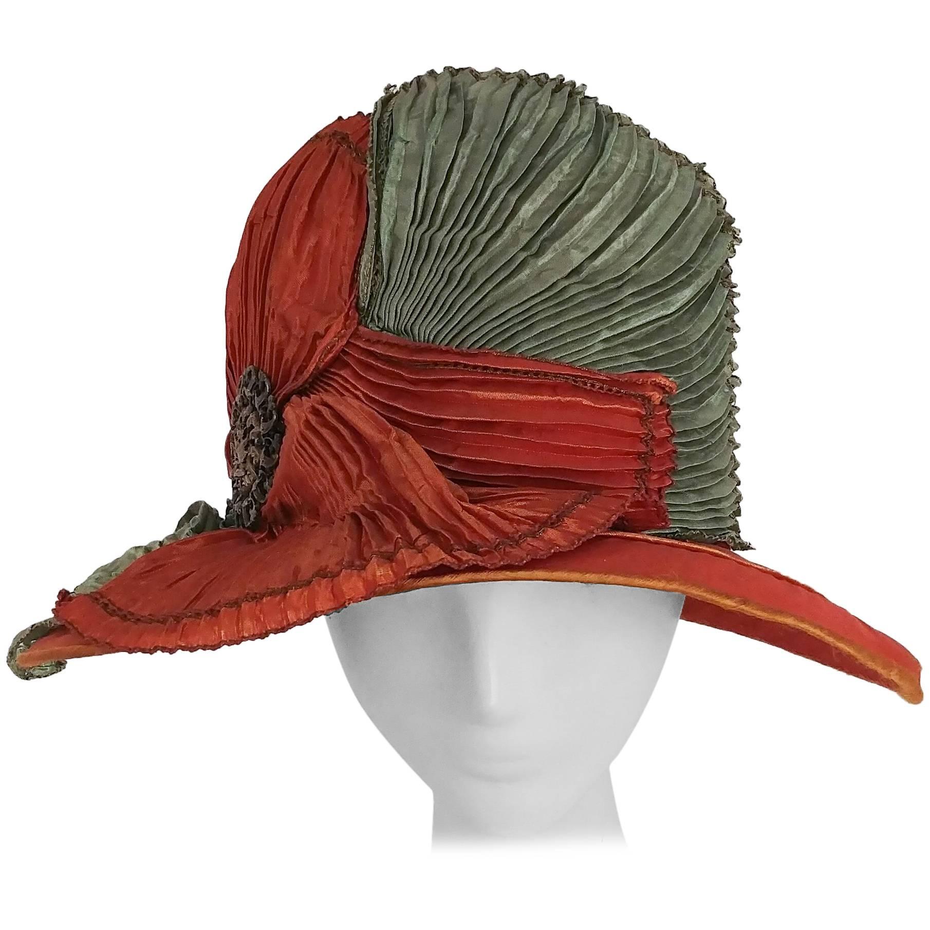 1920s Burnt Orange & Seafoam Green Wide Brim Cloche Hat
