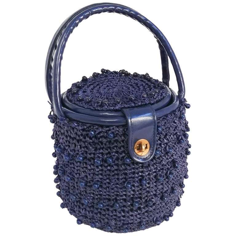 1960s Navy Raffia Woven Basket Purse at 1stDibs