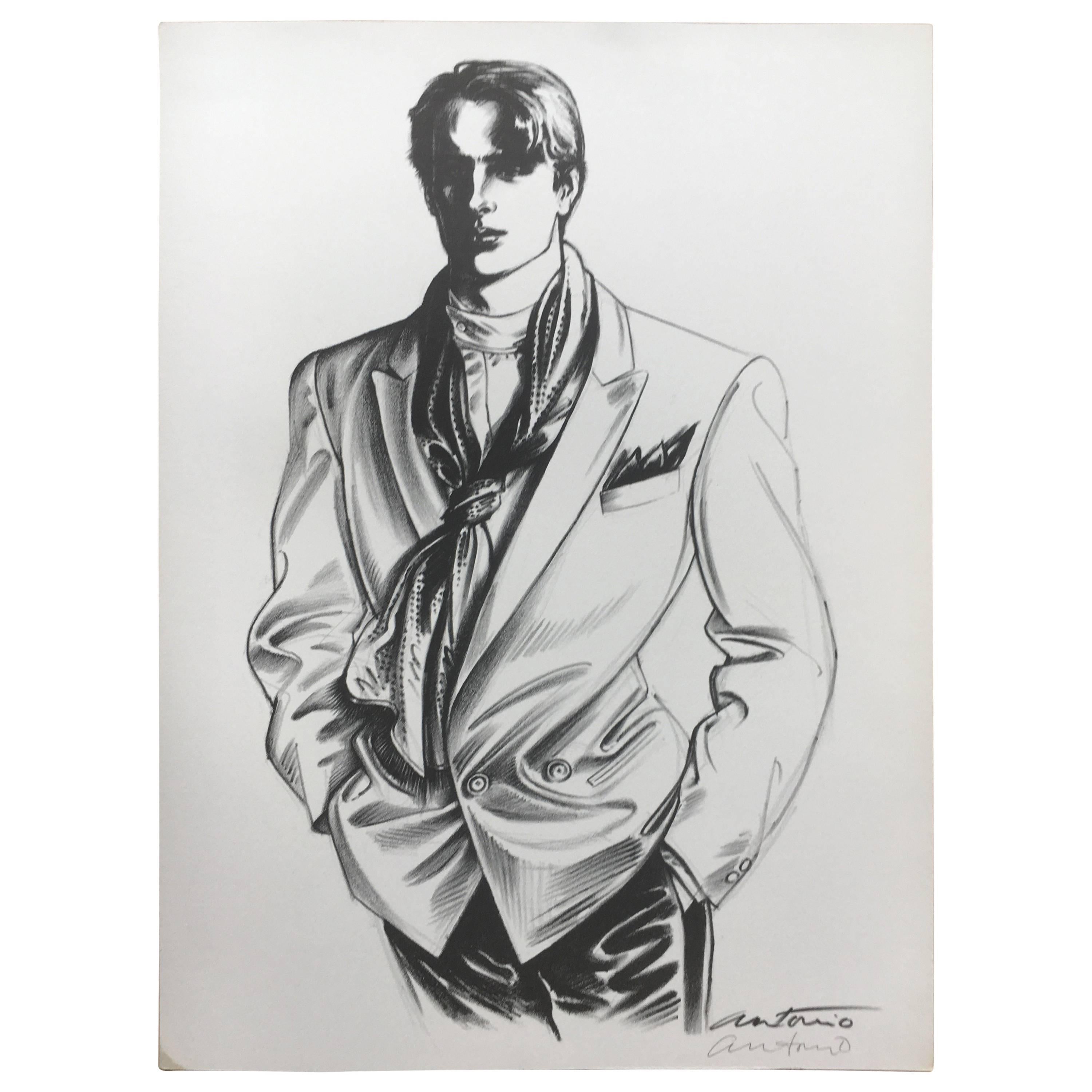 Antonio Lopez Coty Award 1979 Hand Signed Litho Young Man in Alexander Julian For Sale