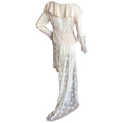 Chanel Vintage Ecru Ruffle Collar Blouse with Sheer Lace Insert Back and Train 4