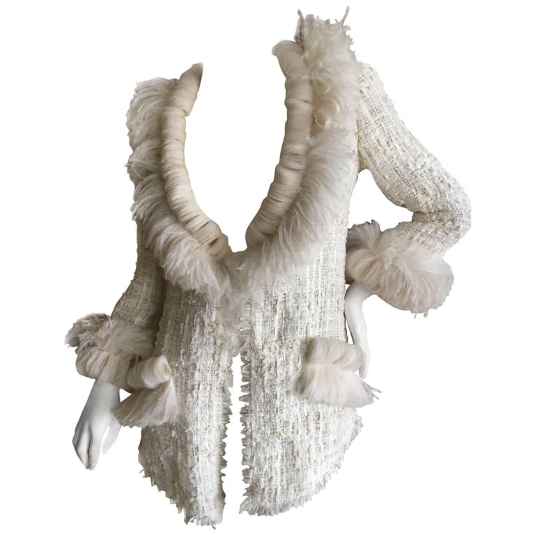 Chanel Maison Lemarié Feather Trim Fantasy Tweed Fringed Jacket at 1stDibs