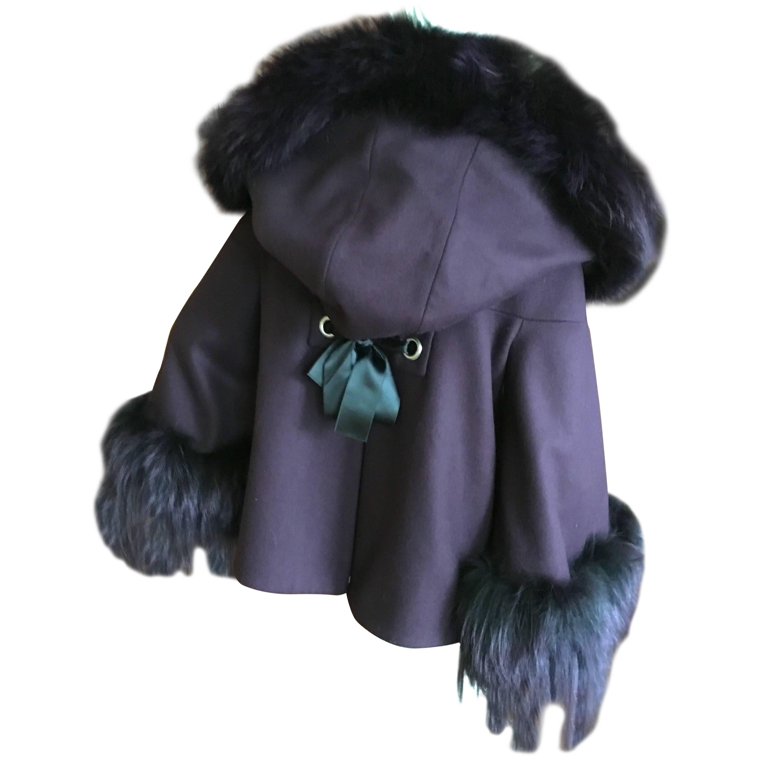Alexander McQueen Deep Purple Swing Jacket with Fur Collar Cuffs and Hood For Sale