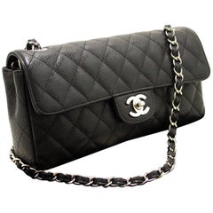 Chanel Caviar Black Quilted Flap Leather Silver Chain Shoulder Bag 