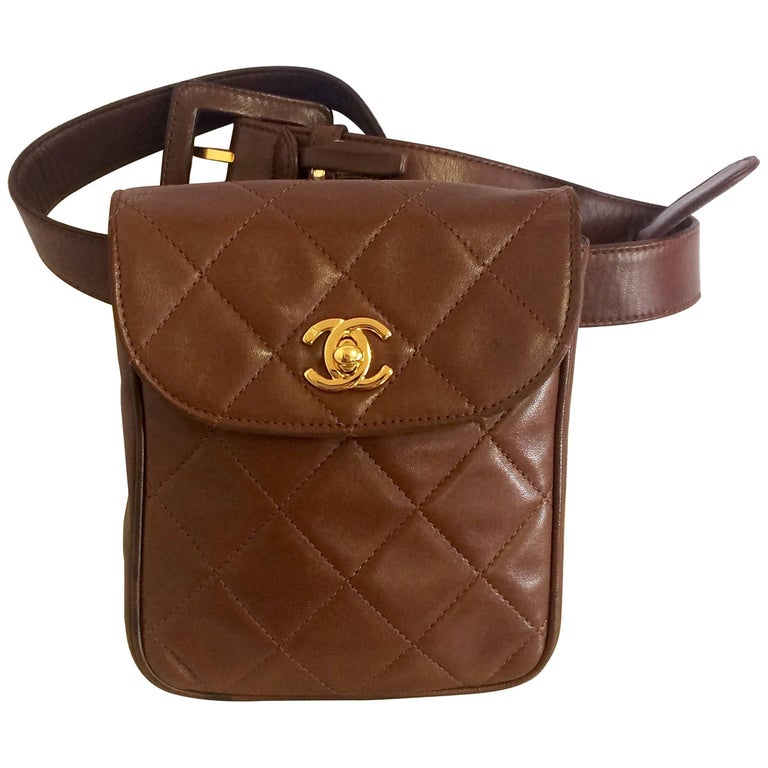 Vintage CHANEL brown leather vertical square shape belt bag, 2.55 fanny pack.  at 1stDibs