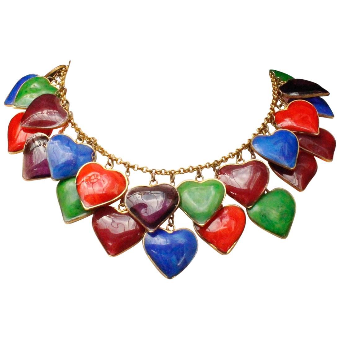 Yves Saint Laurent multicolor glass paste hearts necklace, 1960s  For Sale