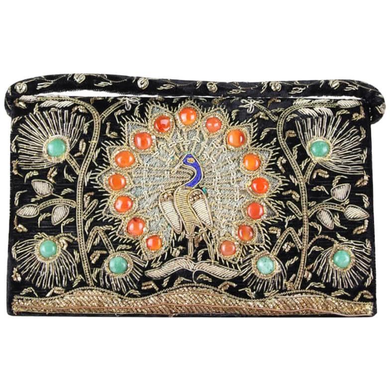 1930s/1940s Peacock Design Zardozi Embroidered Gemmed Black Velvet Evening Bag