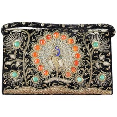 Vintage 1930s/1940s Peacock Design Zardozi Embroidered Gemmed Black Velvet Evening Bag