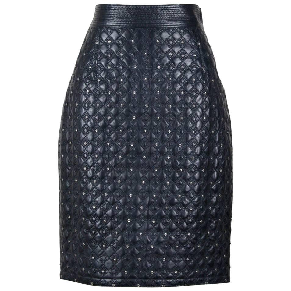 Gianni Versace Istante Quilted Black Leather Skirt With Studs, 1980s 