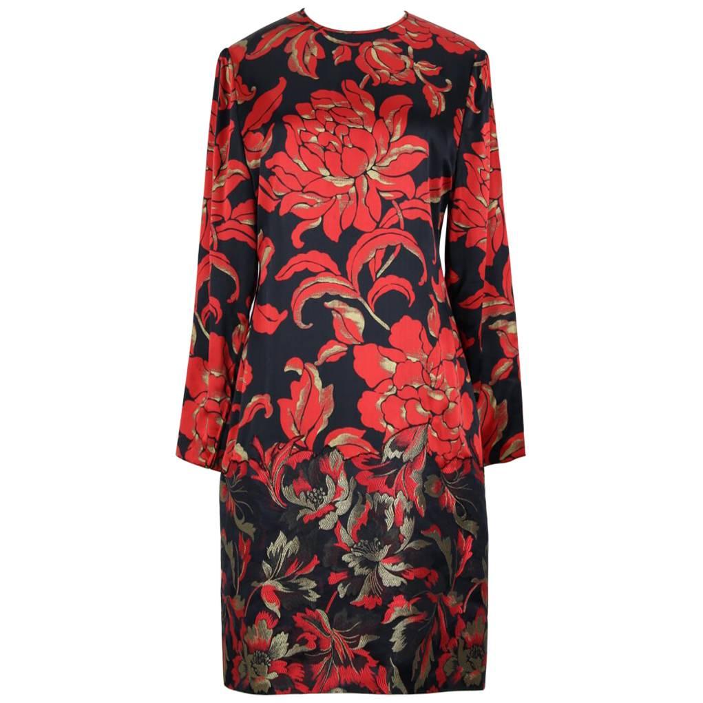 Galanos 1980s Black And Red Floral Silk And Silk Brocade Dress at ...