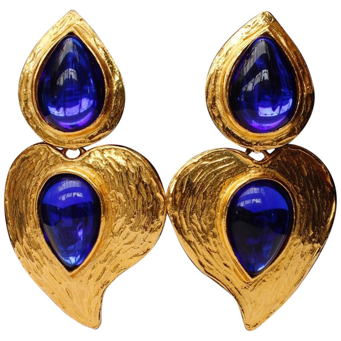 1980 Yves Saint Laurent heart-shaped earrings in gilded metal and blue cabochons