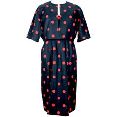 Givenchy 1980s Black Linen Dress And Jacket Ensemble With Red Polka Dots