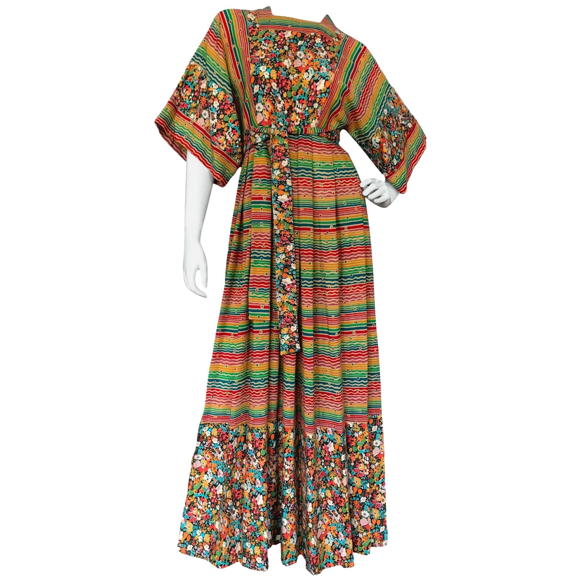 1970s Hildebrand at Liberty 100% Wool Floral and Striped Print Maxi Dress  For Sale