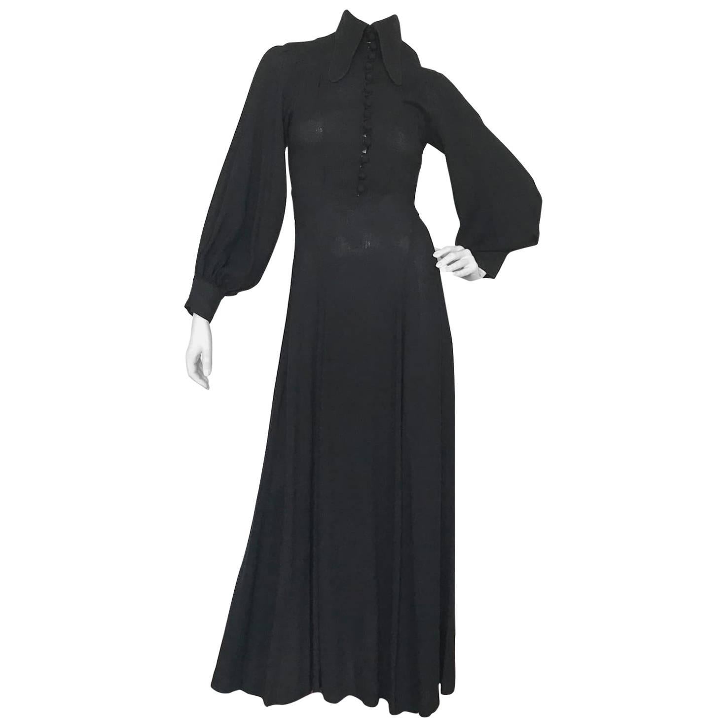 Ossie Clark Penny Collar 1970s Black Moss Crepe Maxi Dress  For Sale