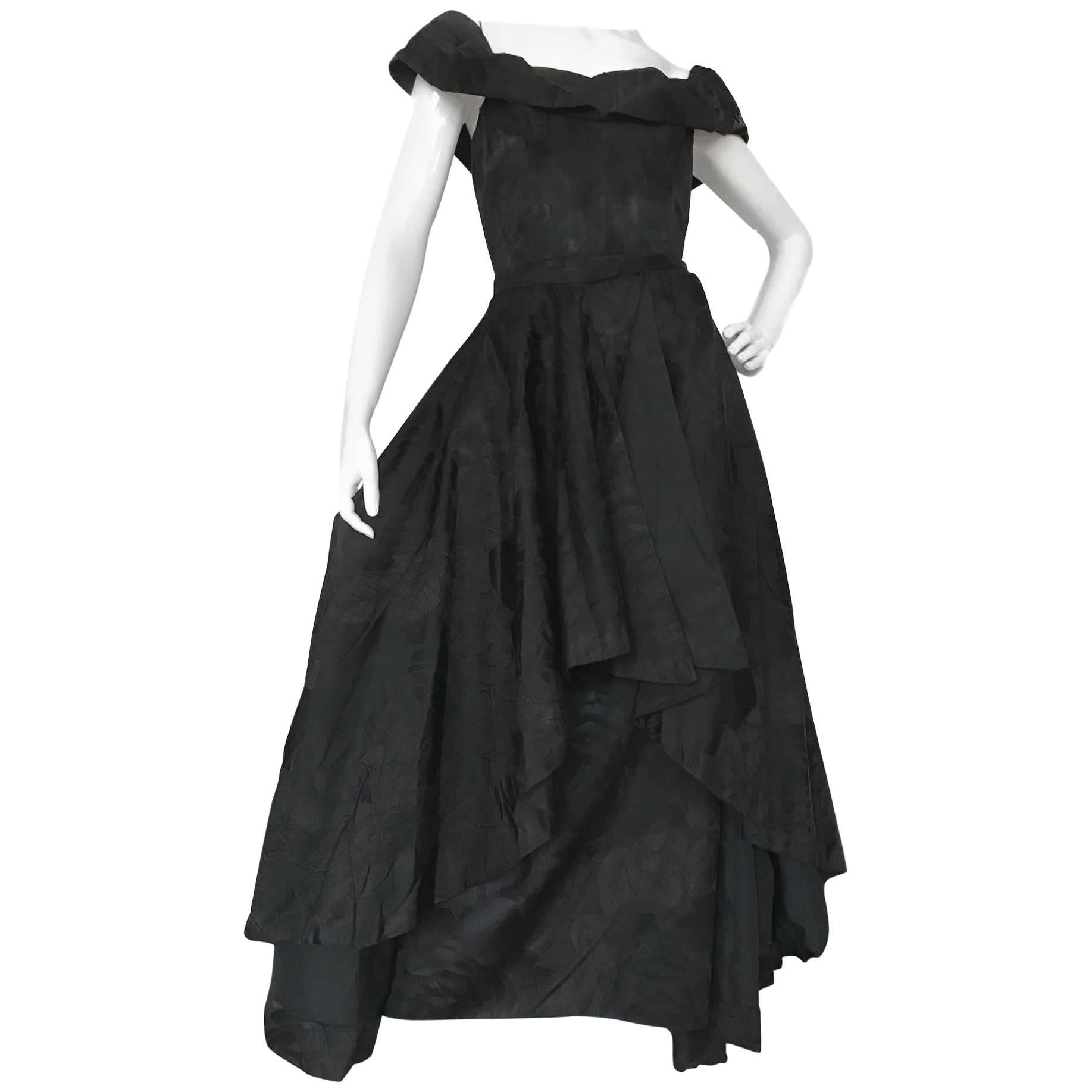 Couture Standard Vintage 1950s Black Leafy Satin Damask Cocktail 2 Way Dress For Sale