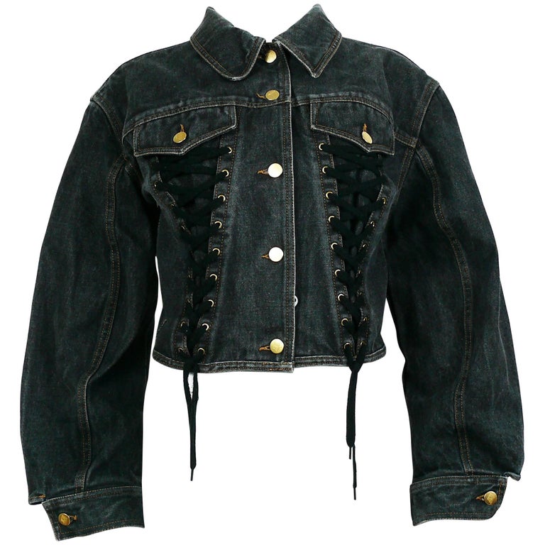Jean Paul Gaultier Junior Vintage Black Denim Iconic Corset Style Jacket For Sale