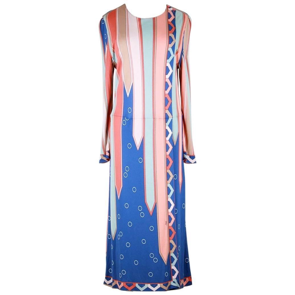Emilio Pucci 1960s Vivara Art Déco Print Blue Rose Silk Jersey Drop Waist Dress
