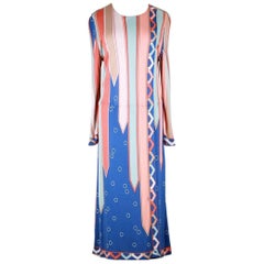 Emilio Pucci 1960s Vivara Art Déco Print Blue Rose Silk Jersey Drop Waist Dress