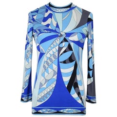 Emilio Pucci 1960s Blaue Schattierungen Abstrakter Druck Seide Jersey Top