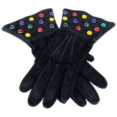 Yves Saint Laurent 1980s Rhinestone Embellished Black Suede Gloves