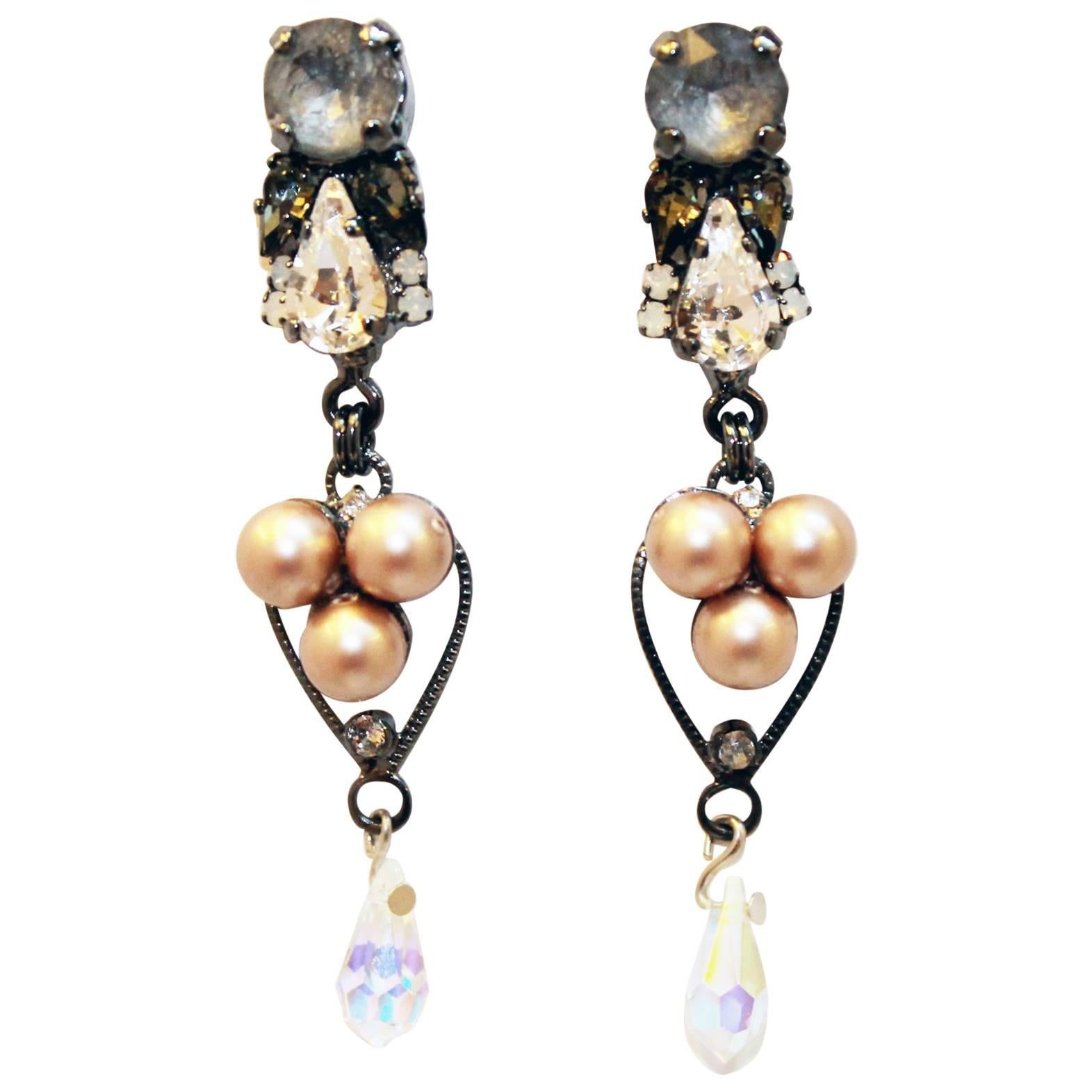 Delicate Swarovski Crystal and Metallic Blush Pink Faux Pearl Drop Earrings For Sale